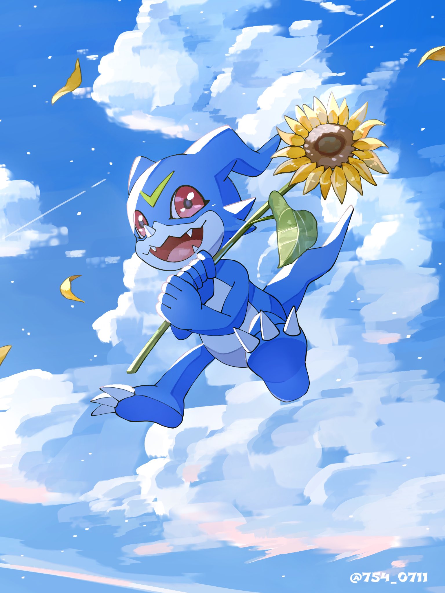 1other artist_name blue_sky cloud day digimon digimon_(creature) flower full_body highres holding holding_flower jumping looking_at_viewer nagoshi no_humans open_mouth other_focus outdoors sky solo sunflower v-mon watermark