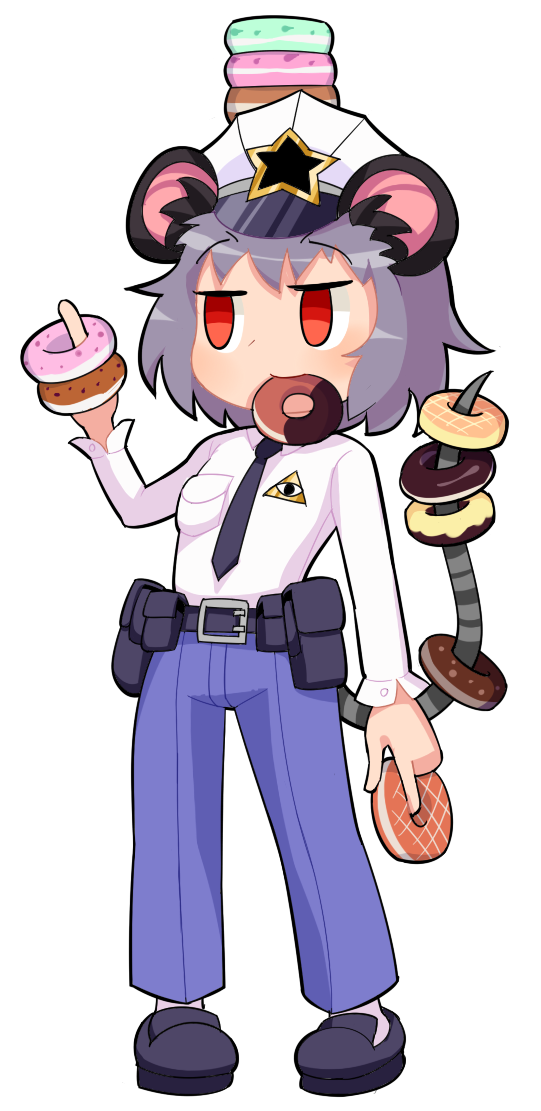 1girl animal_ears black_footwear black_necktie blue_pants blush breast_pocket commentary_request cookie_(touhou) doughnut flat_chest food food_in_mouth food_on_head food_on_tail full_body grey_hair hair_ornament hat holding holding_food hospital_king illuminati kofji_(cookie) long_sleeves looking_afar medium_bangs mouse_ears mouse_girl mouse_tail nazrin necktie object_on_head open_mouth pants peaked_cap pigeon-toed pocket police police_uniform policewoman red_eyes shoes short_hair simple_background solo standing star_(symbol) star_hair_ornament tail touhou uniform white_background white_headwear
