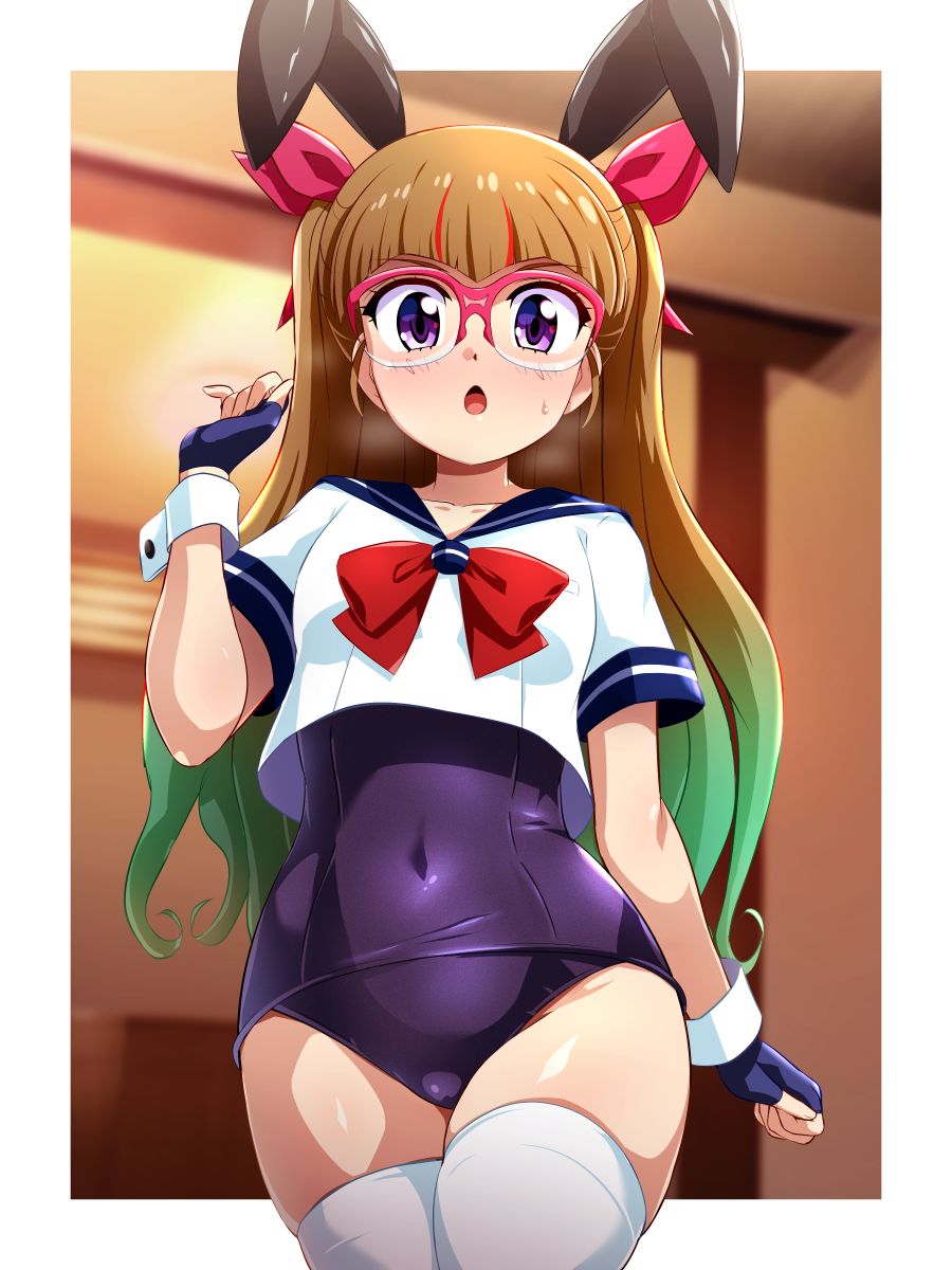 1girl animal_ears blue_gloves blush bow breasts brown_hair covered_navel cropped_shirt fingerless_gloves gloves green_hair hair_bow highres konpeto long_hair looking_at_viewer medium_breasts multicolored_hair navel no_pants ohdo_yuamu one-piece_swimsuit open_mouth pink-framed_eyewear purple_eyes rabbit_ears red_ribbon ribbon sailor_collar school_swimsuit solo swimsuit swimsuit_under_clothes thighhighs white_thighhighs yu-gi-oh! yu-gi-oh!_go_rush!!