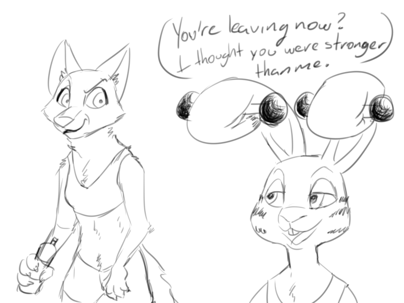anthro canid canine disney duo exercise female fox gym_clothing humor jack_savage jonsthaman lagomorph leporid male male/female mammal rabbit silly simple_background sketch skye_(zootopia) smug weightlifting white_background workout zootopia
