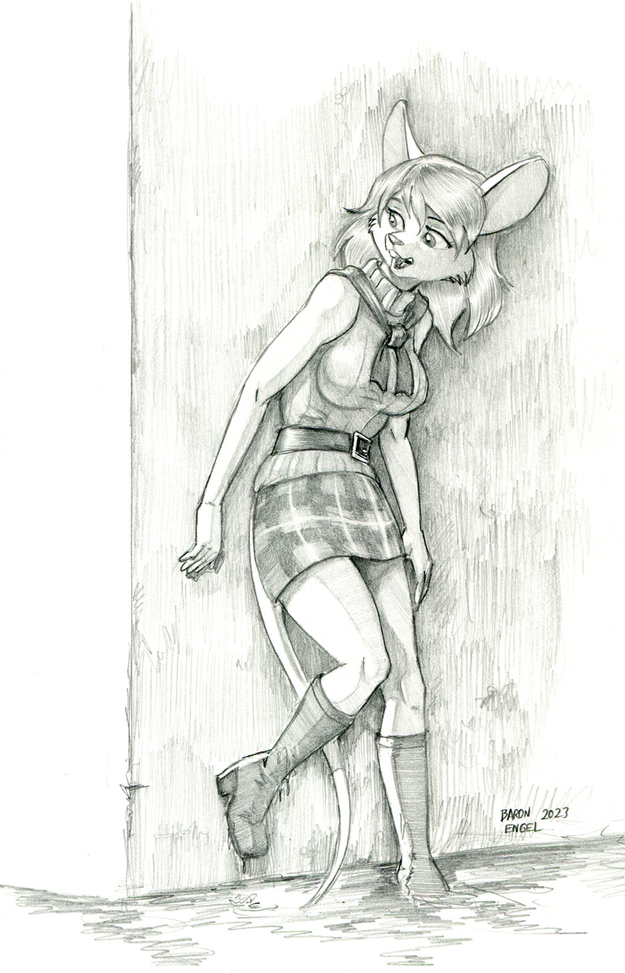 2023 alternate_species anthro ashley_graham_(resident_evil) baron_engel belt bottomwear breasts clothing eyebrows female furrification graphite_(artwork) hair hi_res leaning_on_wall mammal monochrome mouse moushley murid murine open_mouth pencil_(artwork) rodent scarf short_hair skirt solo topwear traditional_media_(artwork)