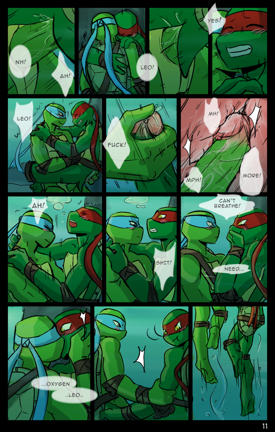 anal anal_penetration bandanna blush brother_(lore) brothers_(lore) comic dialogue genitals hi_res incest_(lore) kerchief kissing leonardo_(tmnt) male male/male momorawrr neattea outside penetration penis raphael_(tmnt) reptile scalie sex sibling_(lore) teenage_mutant_ninja_turtles turtle underwater water