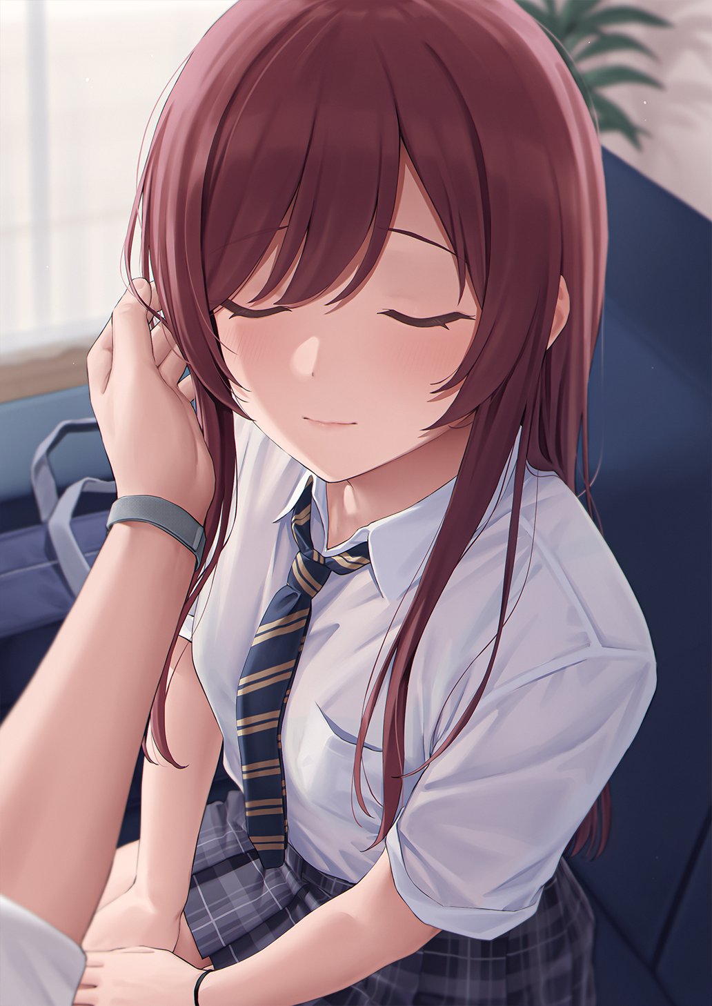 1boy 1girl bag bare_legs blue_necktie blush caress closed_eyes closed_mouth commentary_request couch diagonal-striped_necktie diagonal_stripes grey_skirt hand_on_another's_cheek hand_on_another's_face highres idolmaster idolmaster_shiny_colors imminent_kiss indoors long_hair mikazuchi_zeus necktie on_couch osaki_amana plaid plaid_skirt pleated_skirt pov pov_hands red_hair school_bag school_uniform shirt short_sleeves sitting skirt smile solo_focus straight_hair striped striped_necktie swept_bangs very_long_hair white_shirt