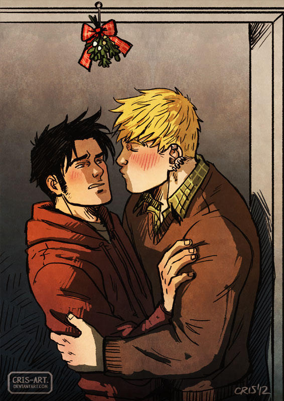 2boys bara black_hair blonde_hair blush couple cris_art ear_piercing from_side hand_on_another's_arm hood hoodie hulkling imminent_kiss layered_shirt long_sideburns male_focus marvel mistletoe multiple_boys piercing raised_eyebrow red_hoodie short_hair sideburns thick_eyebrows upper_body wiccan yaoi