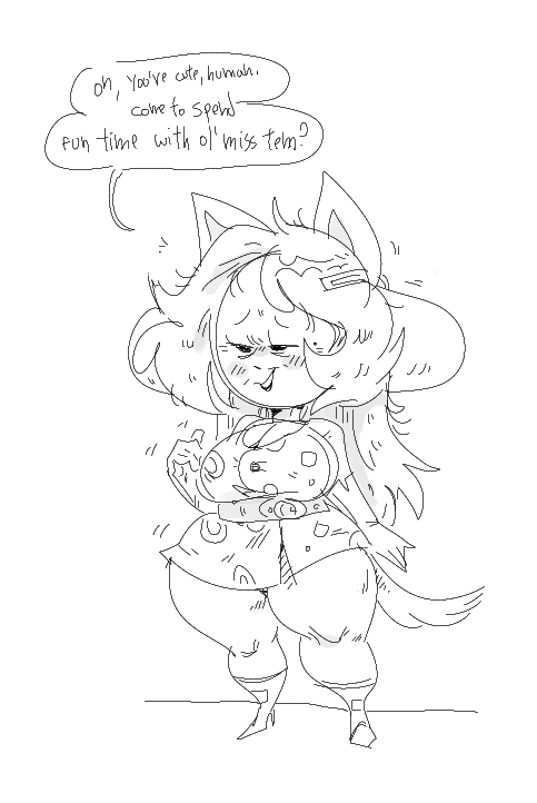 2022 anthro belt big_breasts blush breasts canid canine cleavage clothed clothing curvaceous curvy_figure dialogue dress english_text felid feline female fluffy fluffy_tail hair long_hair mammal mhdrawin monochrome short_stack smile solo tail tem temmie_(undertale) text thick_thighs undertale undertale_(series) voluptuous wide_hips