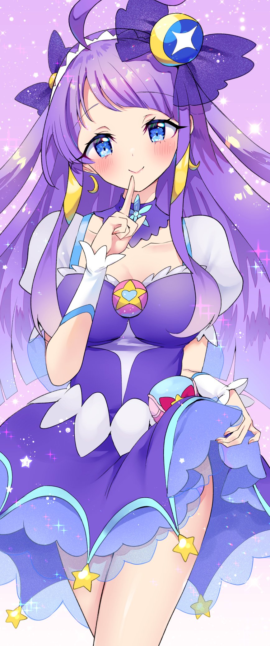 1girl alternate_breast_size blue_eyes bow breasts choker collarbone commentary crescent crescent_earrings cure_selene dress earrings hair_ornament heart_pouch highres jewelry kaguya_madoka long_hair looking_at_viewer magical_girl medium_breasts mikorin precure puffy_sleeves purple_bow purple_choker purple_dress purple_hair purple_theme see-through see-through_skirt short_sleeves skirt smile star_(symbol) star_choker star_color_pendant star_hair_ornament star_twinkle_precure upper_body wrist_cuffs