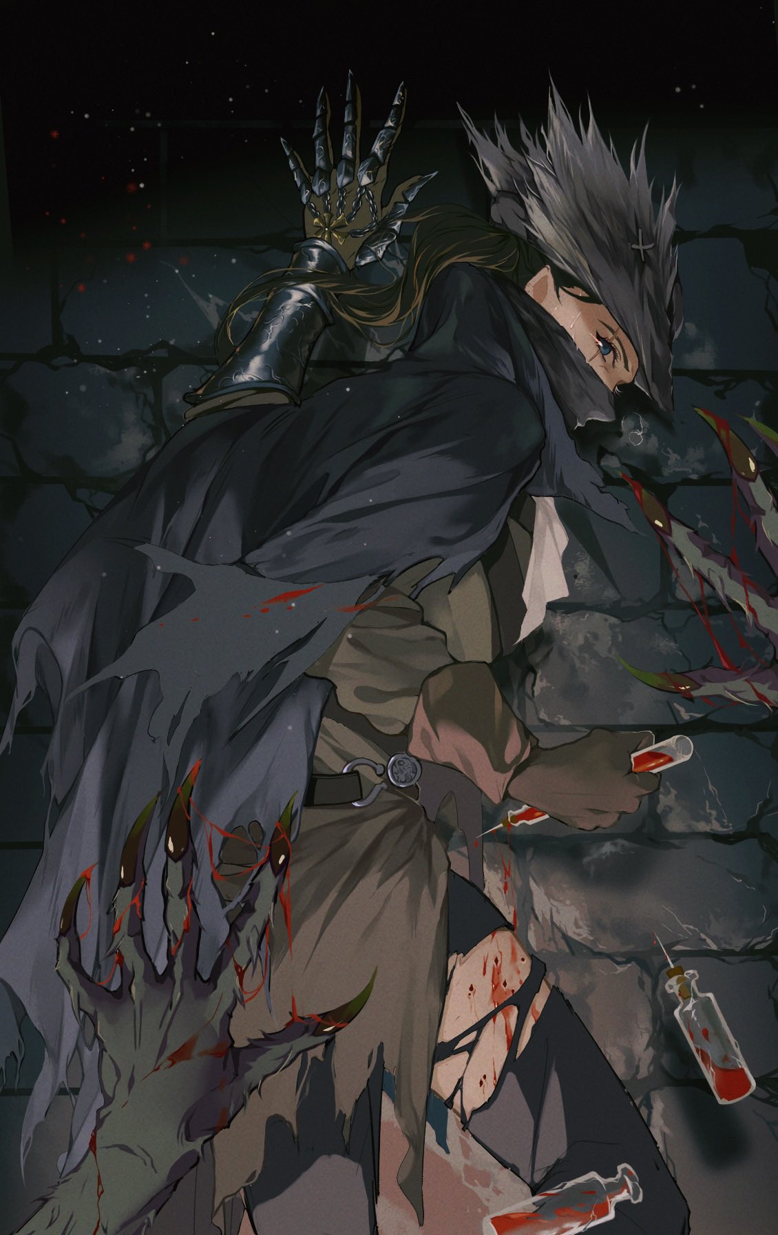 1girl against_wall arm_up belt black_mask black_pants blood blood_vial bloodborne brick_wall brown_belt brown_gloves brown_hair cape claws from_behind gloves hat highres holding_vial hunter_(bloodborne) mask monster mouth_mask pants ponytail revision solo_focus torn_cape torn_clothes torn_coat torn_hat tricorne yujia0412