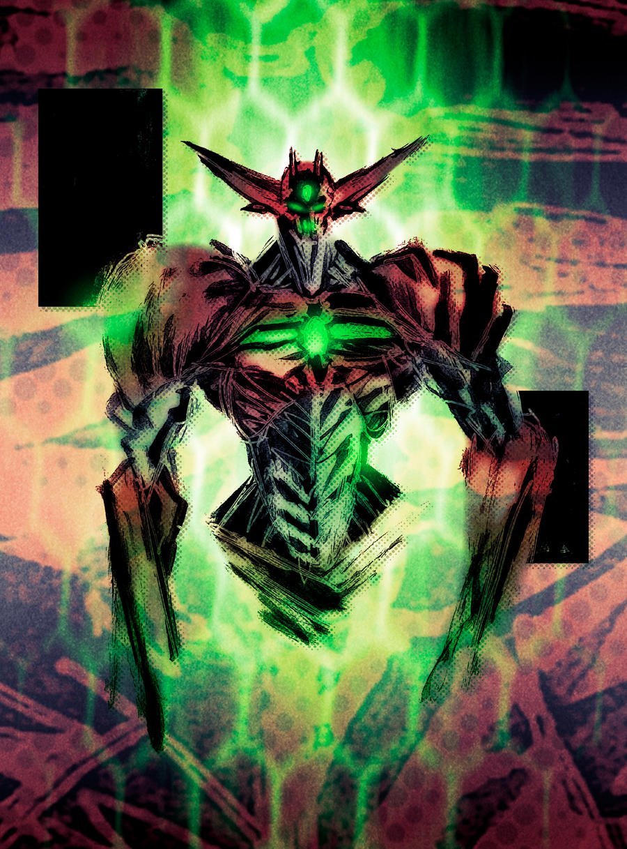 abstract abstract_background facial_mark forehead_mark getter-1 getter_robo glowing glowing_eyes glowing_mouth green_eyes highres looking_at_viewer mecha monsterification no_humans parody robot science_fiction shinkawa_youji_(style) solo style_parody teoft upper_body