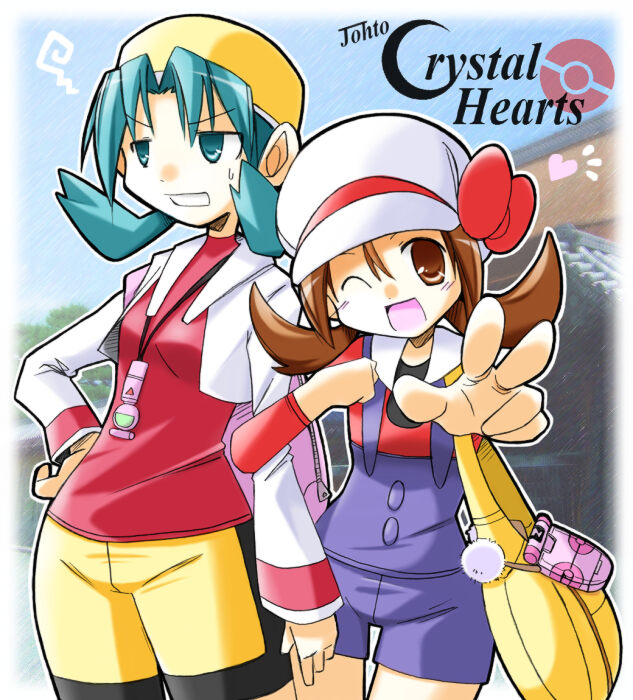 2girls ;d annoyed bag black_shorts blue_eyes blue_hair bow cabbie_hat cropped_jacket hair_between_eyes hair_intakes hand_on_own_hip handbag hat hat_bow heart jacket kris_(pokemon) light_blue_hair long_sleeves lyra_(pokemon) medium_hair multiple_girls one_eye_closed open_clothes open_jacket open_mouth overalls photo_background pokegear pokemon pokemon_(game) pokemon_gsc pokemon_hgss rascal red_bow red_shirt shirt shorts smile squiggle twintails two-tone_shorts v-shaped_eyebrows white_headwear white_jacket yellow_bag yellow_headwear yellow_shorts