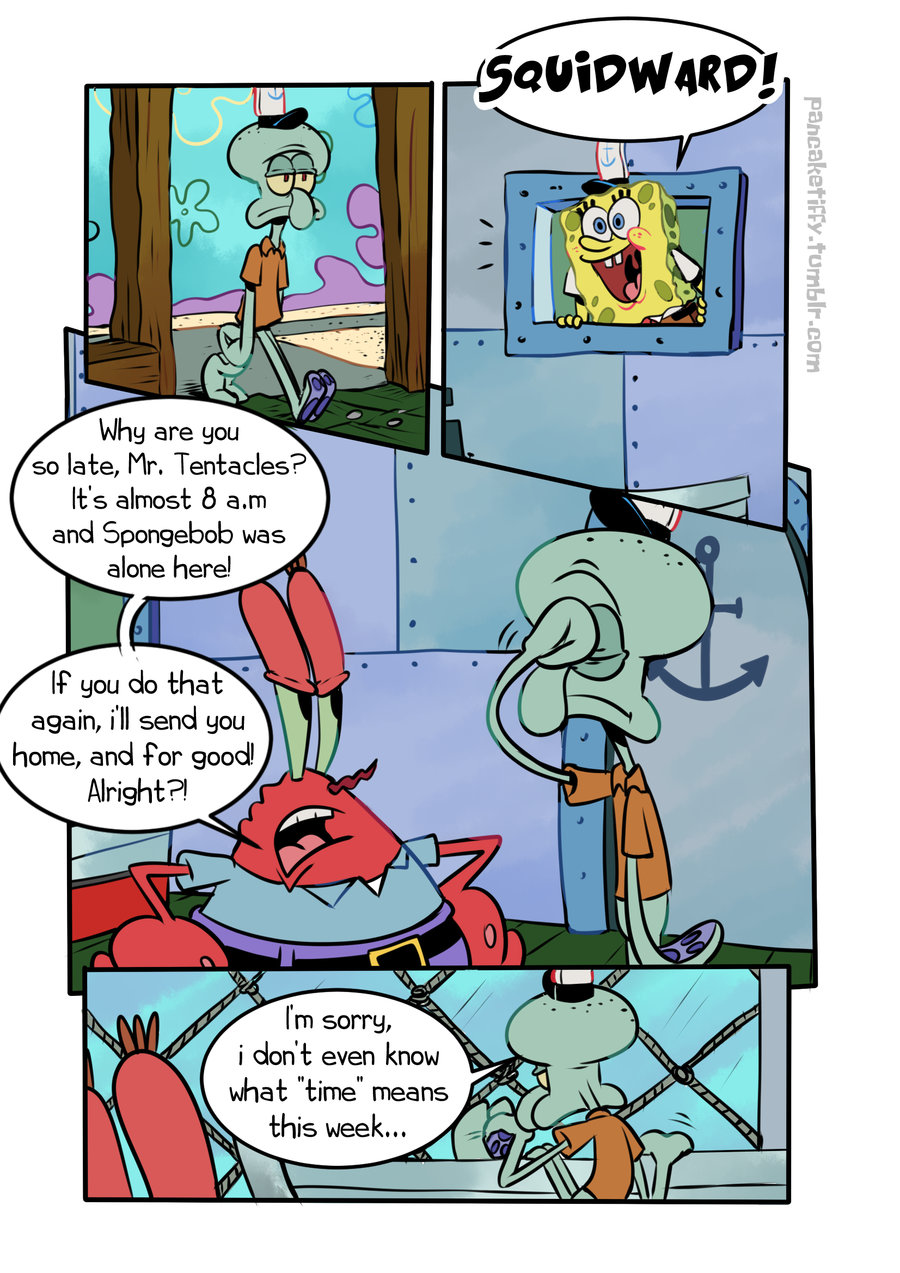 anthro arthropod cephalopod clothed clothing coleoid comic crab crustacean decapoda detailed_background dialogue english_text group hi_res malacostracan male marine mollusk mr._krabs nickelodeon octopodiform octopus on_model pancaketiffy sea_sponge smile speech_bubble spongebob_squarepants spongebob_squarepants_(character) squidward_tentacles text toony