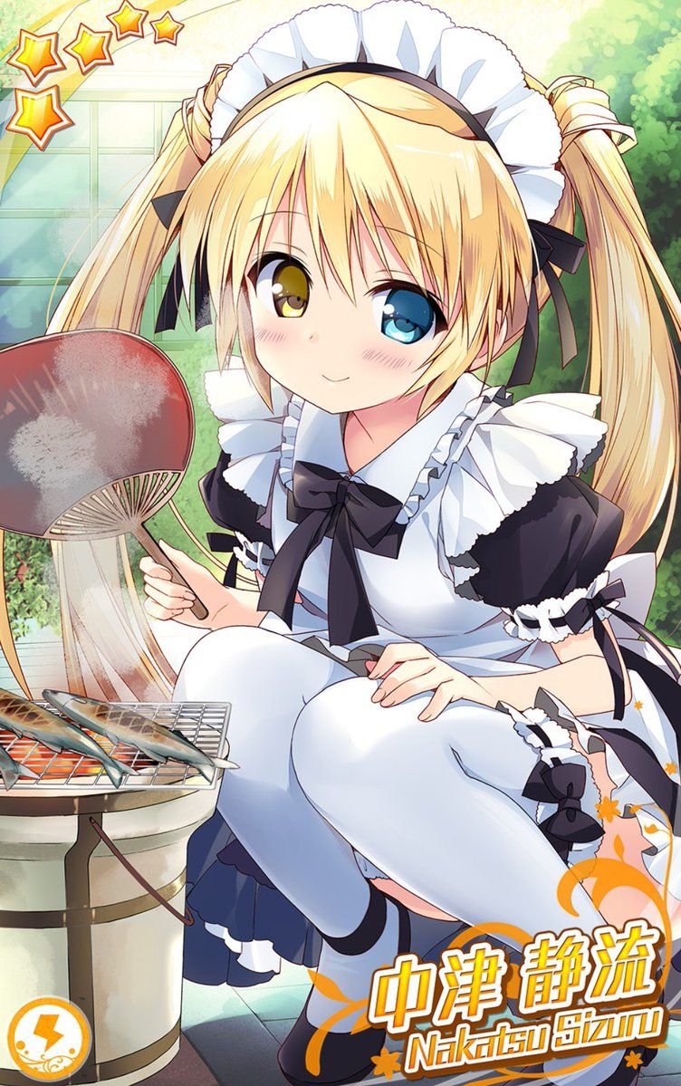 1girl alternate_costume apron black_bow black_dress black_footwear black_ribbon blonde_hair blue_eyes blush bow breasts character_name closed_mouth cooking day dress enmaided fingernails fish frilled_apron frilled_dress frilled_sleeves frilled_thighhighs frills full_body garden grilling hair_ribbon hand_fan hand_on_own_knee heterochromia holding holding_fan kneeling knees_together_feet_apart long_hair looking_at_viewer maid maid_apron maid_headdress nagayama_yuunon nakatsu_shizuru official_art outdoors puffy_short_sleeves puffy_sleeves rewrite ribbon ribbon-trimmed_sleeves ribbon-trimmed_thighhighs ribbon_trim short_sleeves small_breasts smile solo star_(symbol) steam thighhighs tiptoes twintails white_apron white_thighhighs yellow_eyes
