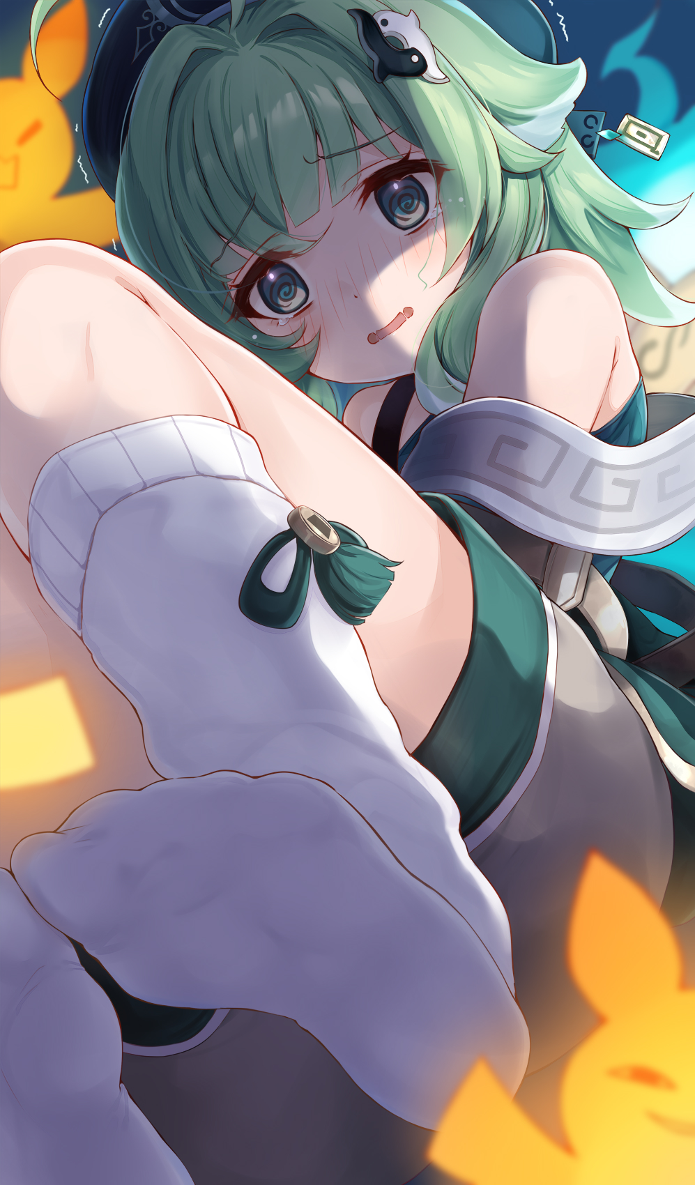 1girl @_@ ahoge anya's_heh_face_(meme) bare_shoulders beret blue_fire blush brown_shorts chinese_clothes commentary d: fire from_below furrowed_brow green_eyes green_hair green_shorts hair_intakes hat highres honkai:_star_rail honkai_(series) huohuo_(honkai:_star_rail) kneehighs komone_ushio light_blush medium_hair meme multicolored_clothes multicolored_shorts no_shoes nose_blush open_mouth paper_doll scared shorts socks soles solo tassel tearing_up trembling white_socks yin_yang_hair_ornament