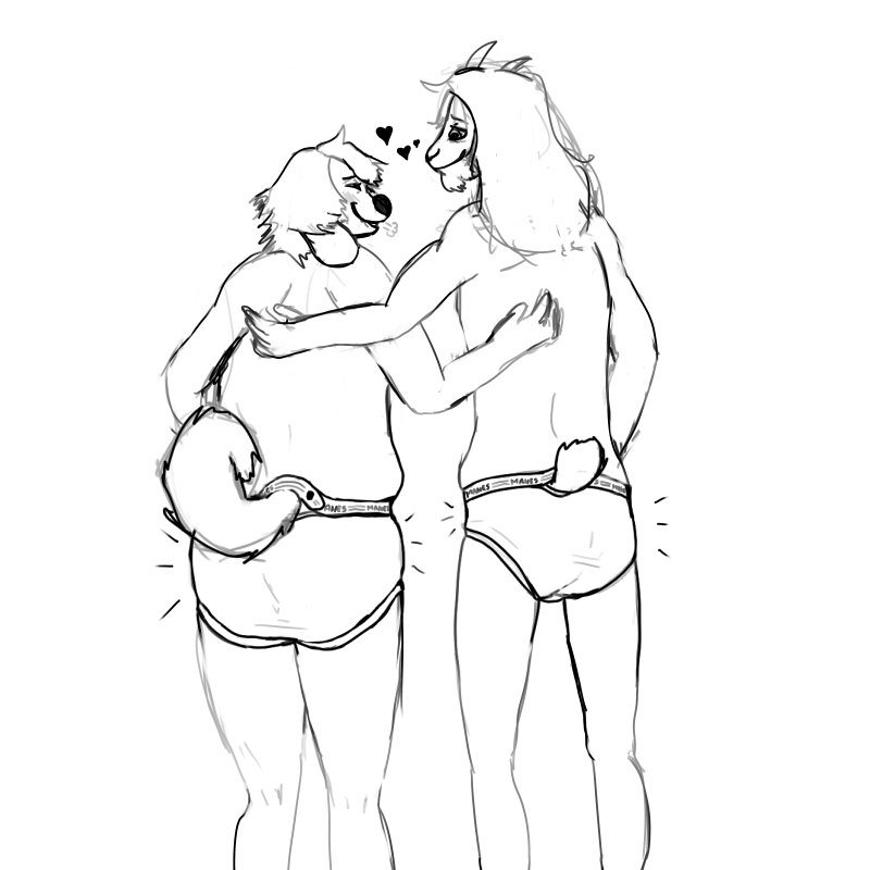 &lt;3 anthro arin_(capra_kid) black_and_white bovid briefs briefs_only butt canid canine canis capra_kid caprine clothed clothing domestic_dog duo embrace goat hanes hug kris_(capra_kid) male male/male mammal monochrome simple_background smile tighty_whities topless underwear underwear_only white_background white_briefs white_clothing white_underwear