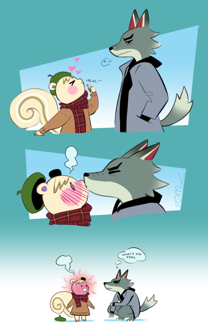 &lt;3 2021 animal_crossing anthro biped black_nose blush blush_lines canid canine canis closed_smile clothed clothing coat comic countershade_face countershading crouching dobie_(animal_crossing) duo english_text eyebrows eyes_closed grey_body hands_in_both_pockets hat headgear headwear hi_res kissing larger_anthro larger_male looking_at_another male male/male mammal marshal_(animal_crossing) mouth_closed multicolored_body nintendo open_mouth rodent scarf sciurid side_view size_difference smaller_anthro smaller_male smile somik text thought_bubble topwear tree_squirrel two_tone_body white_body wolf