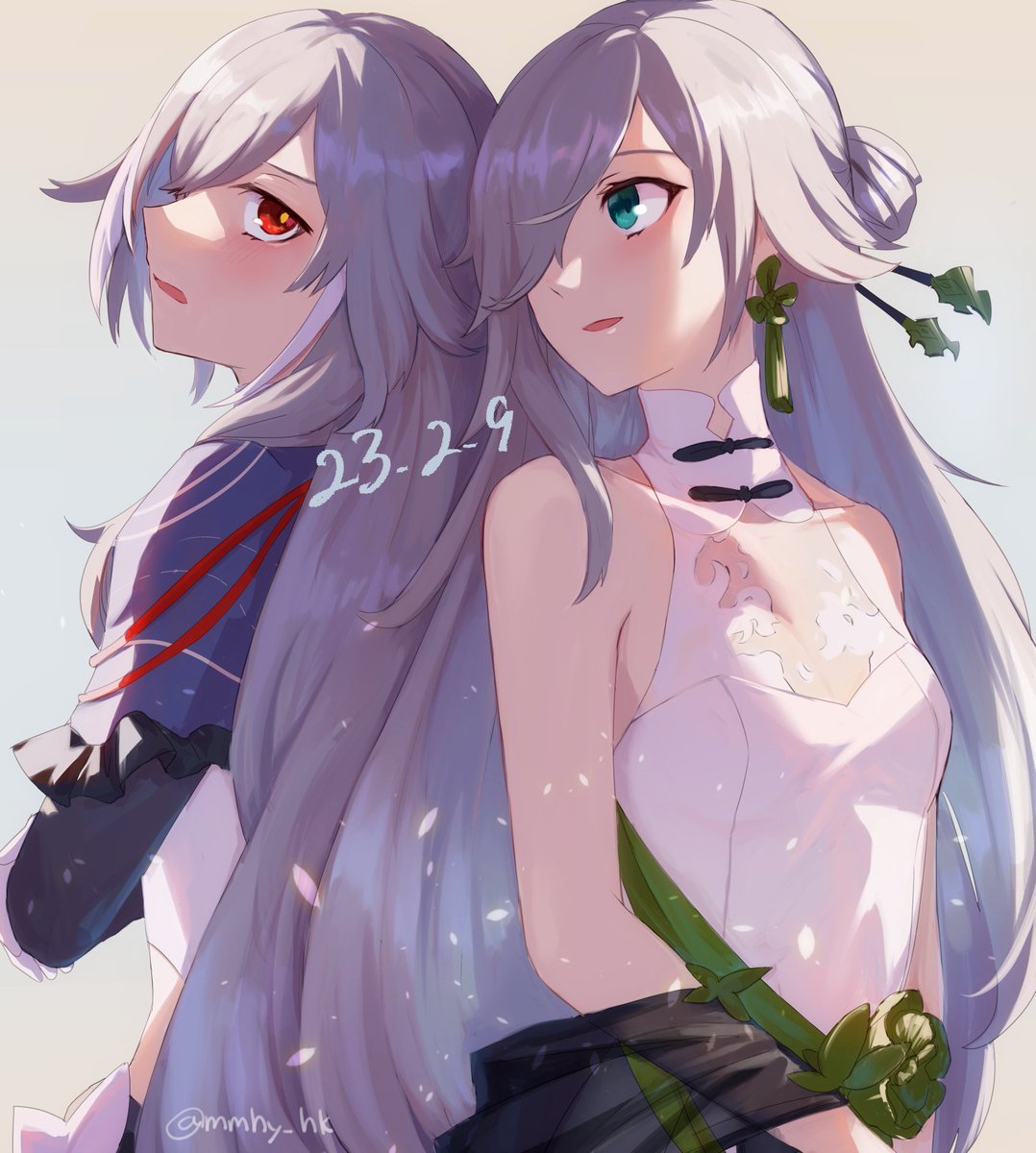 blue_eyes blue_hair dress eyebrows_hidden_by_hair fu_hua fu_hua_(herrscher_of_sentience) grey_hair hair_between_eyes hair_over_one_eye highres honkai_(series) honkai_impact_3rd long_hair mmhy_hk multicolored_hair red_eyes streaked_hair wedding_dress white_hair yellow_pupils