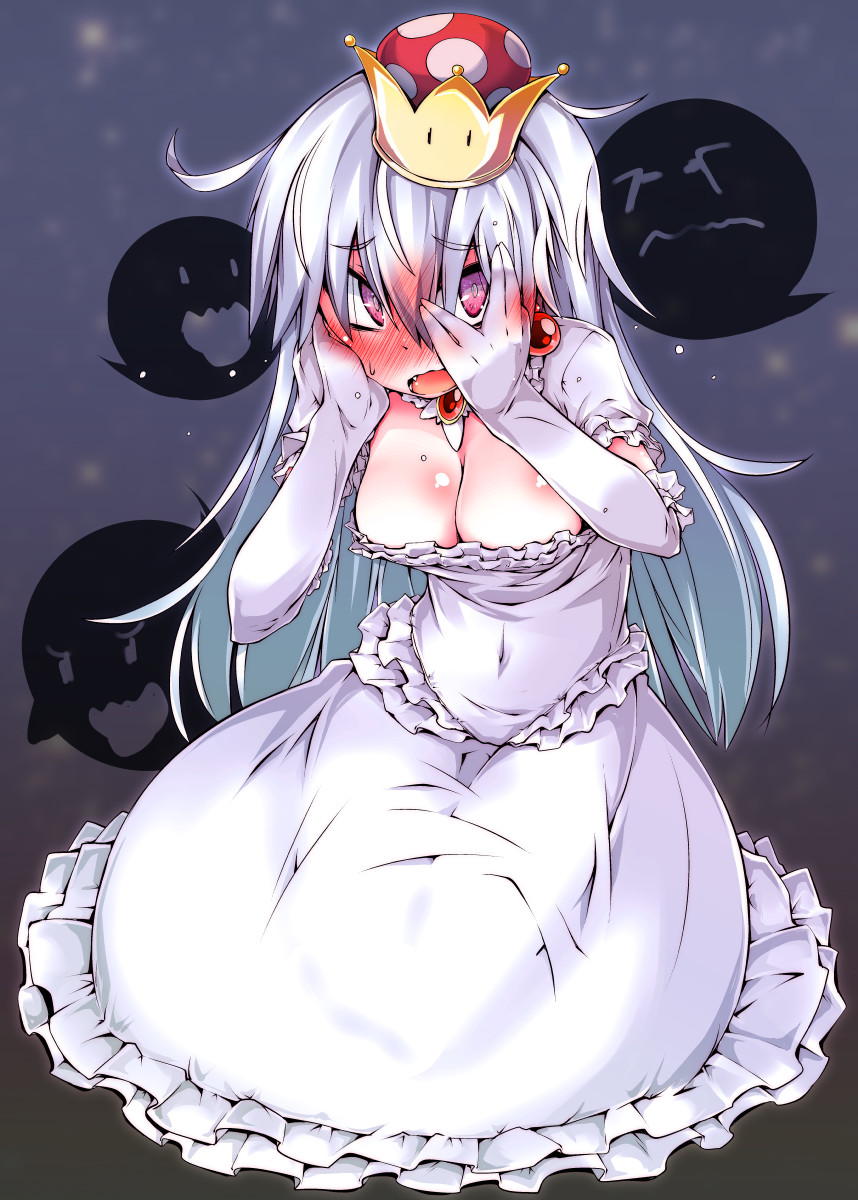 1girl blush body_blush boo_(mario) breasts cleavage commentary_request covered_navel dress earrings elbow_gloves embarrassed fang frilled_dress frilled_gloves frilled_sleeves frills full_body gloves hair_between_eyes hands_on_own_cheeks hands_on_own_face highres jewelry long_bangs long_dress long_hair looking_at_viewer luigi's_mansion mario_(series) medium_breasts narumiya_(narumiya) new_super_mario_bros._u_deluxe nose_blush open_mouth pink_eyes princess_king_boo raised_eyebrows red_brooch seiza short_sleeves sitting solo super_crown white_dress white_gloves white_hair