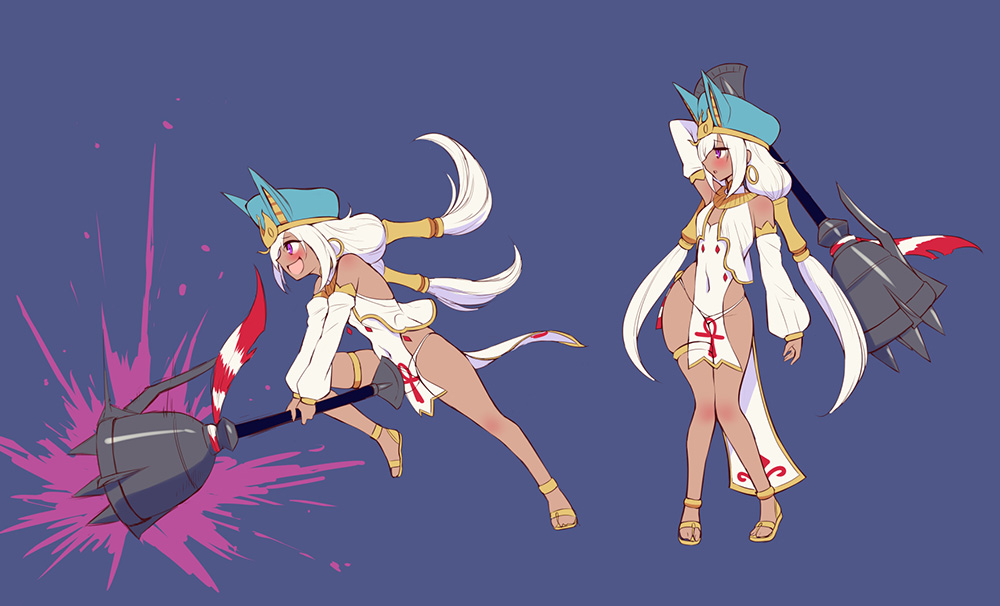 1girl barefoot_sandals blue_headwear blush breasts commentary_request concept_art covered_navel dark-skinned_female dark_skin detached_sleeves earrings egyptian egyptian_clothes eiyuu_senki eiyuu_senki_ww full_body hair_over_one_eye highleg highleg_panties holding holding_weapon hoop_earrings huge_weapon jewelry long_hair low_twintails m-da_s-tarou multiple_views official_art open_mouth panties parted_lips pelvic_curtain profile purple_eyes revealing_clothes sandals simple_background sketch skindentation small_breasts smile splatter swinging thighlet thutmose_(eiyuu_senki) twintails underwear usekh_collar weapon white_hair white_panties