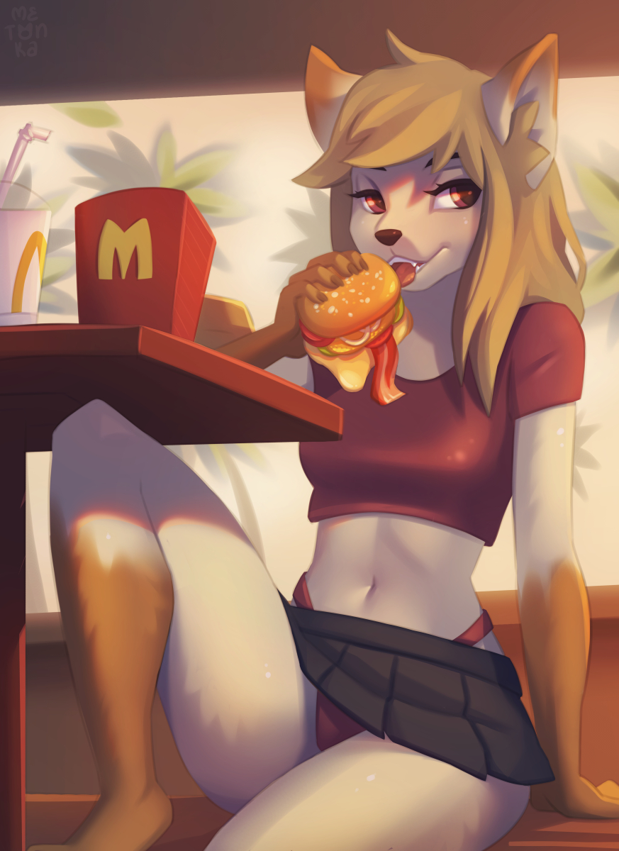 anthro blonde_hair bottomwear burger claws clothing coca-cola crop_top domestic_cat eating fast_food felid feline felis female food fries fur hair hi_res mammal mcdonald's metonka panties shirt sitting skirt solo teeth tongue topwear underwear white_body white_fur