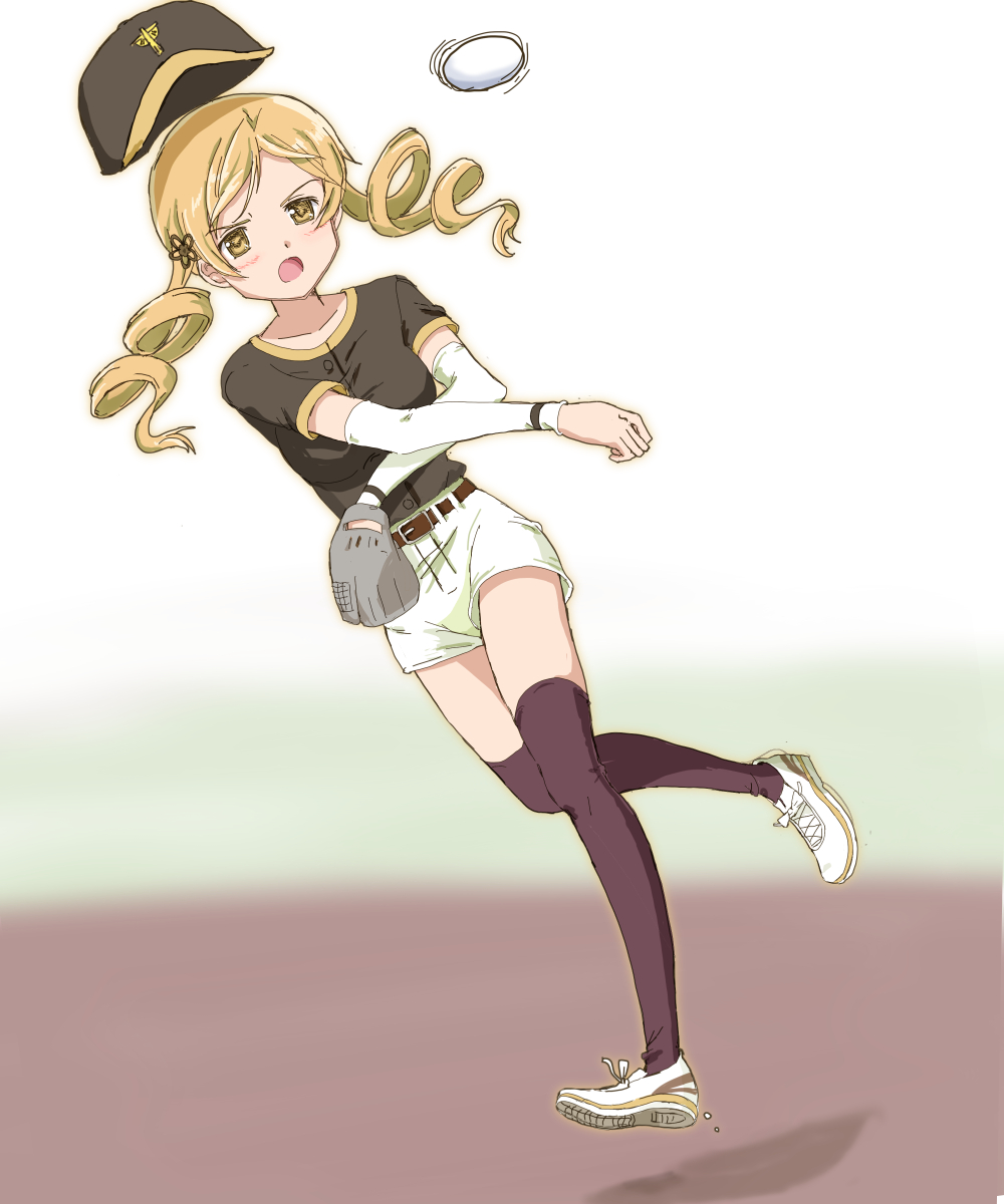 1girl baseball baseball_cap baseball_mitt baseball_uniform black_shirt black_thighhighs blonde_hair drill_hair hair_ornament hairpin hat highres kinfuji layered_sleeves long_sleeves mahou_shoujo_madoka_magica shirt short_over_long_sleeves short_sleeves shorts solo sportswear thighhighs throwing tomoe_mami twin_drills white_shorts yellow_eyes