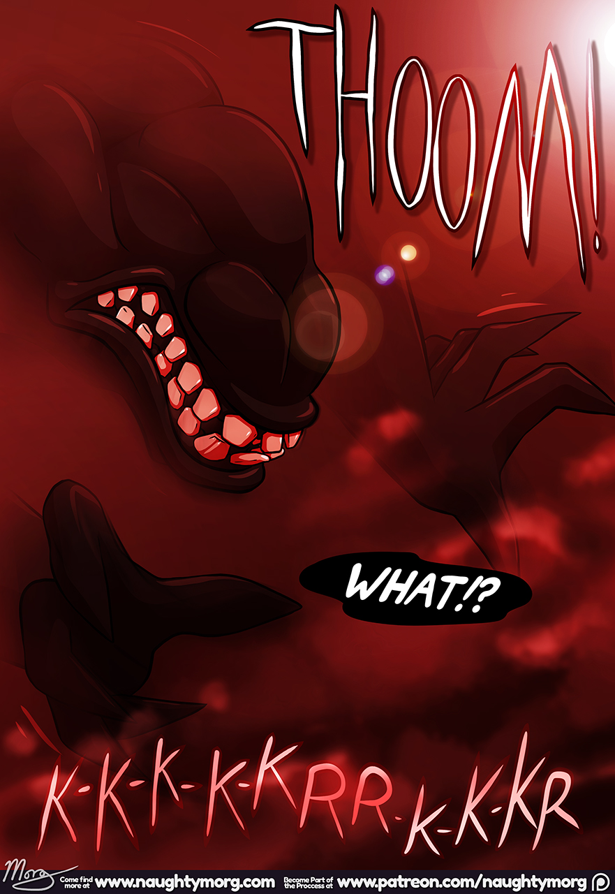 5_fingers alien ambiguous_gender anthro big_teeth black_body black_speech_bubble comic dialogue english_text eyeless fingers hi_res naughtymorg patreon patreon_logo red_theme signature solo sound_effects surprise text thing_(naughtymorg) url