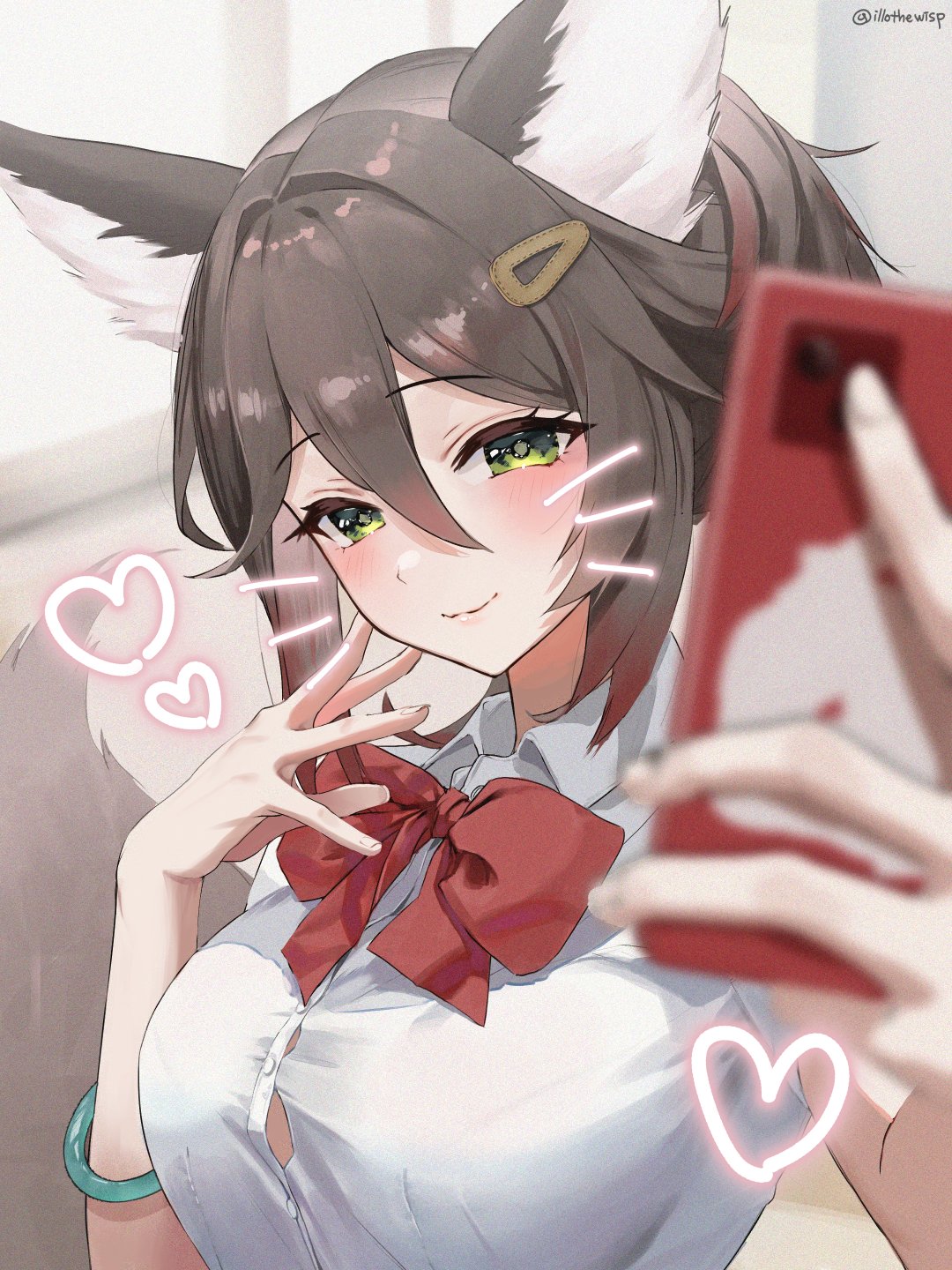 1girl alternate_costume animal_ears bow bowtie bracelet brown_hair cellphone fox_ears fox_girl green_eyes highres honkai:_star_rail honkai_(series) jewelry phone red_bow red_bowtie school_uniform tingyun_(honkai:_star_rail) wisp_(illothewisp)