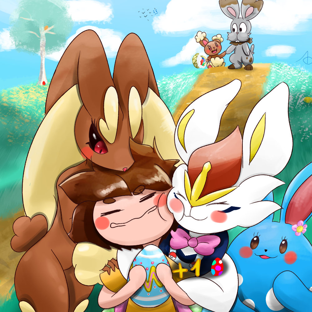 accessory anstingdude anthro azumarill basket big_ears big_eyes blue_sky blush brown_eyes buneary bunnelby cheek_tuft cinderace cloud container egg embrace facial_tuft female feral field flower flower_in_hair fluffy fluffy_ears fluffy_tail generation_2_pokemon generation_4_pokemon generation_6_pokemon generation_8_pokemon group hair hair_accessory hug human lagomorph leporid lopunny male mammal nintendo nuzzling pink_eyes pink_nose plant pokemon pokemon_(species) pokemon_unite rabbit red_nose sky smile tail tree tuft