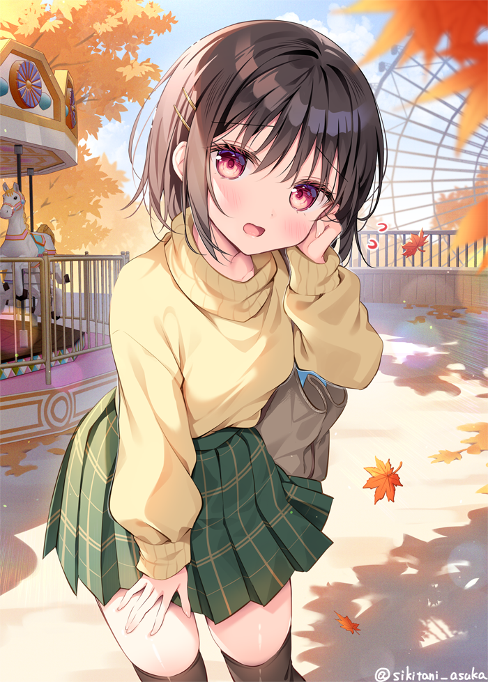 1girl artist_name bag black_thighhighs blush brown_hair carousel ferris_wheel green_skirt hair_ornament hairclip hand_on_own_cheek hand_on_own_face hand_on_own_thigh leaf long_sleeves looking_at_viewer maple_leaf medium_hair open_mouth original outdoors plaid plaid_skirt red_eyes shadow shikitani_asuka skirt solo sweater thighhighs turtleneck twitter_username watermark yellow_sweater
