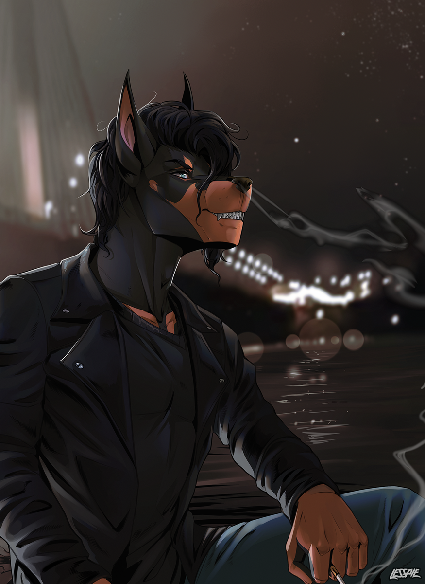 2023 5_fingers anthro canid canine canis clothed clothing detailed_background digital_media_(artwork) domestic_dog eyebrows eyelashes fingers hi_res lesspie male mammal night outside smile teeth