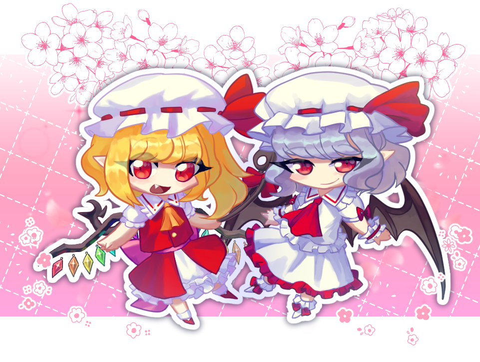 2girls ascot bat_wings blonde_hair chibi closed_eyes crystal fang flandre_scarlet floral_background frilled_shirt_collar frilled_skirt frilled_sleeves frills full_body hat hat_ribbon holding holding_polearm holding_weapon laevatein_(touhou) light_smile looking_at_another mary_janes medium_hair mob_cap multicolored_wings multiple_girls nova_(artist) one_side_up open_mouth pink_background pointy_ears polearm puffy_short_sleeves puffy_sleeves purple_hair red_ascot red_eyes red_footwear red_ribbon red_skirt red_vest remilia_scarlet ribbon ribbon-trimmed_headwear ribbon_trim shirt shoes short_sleeves siblings sisters skirt smile socks touhou vest weapon white_headwear white_shirt white_skirt white_socks wings yellow_ascot