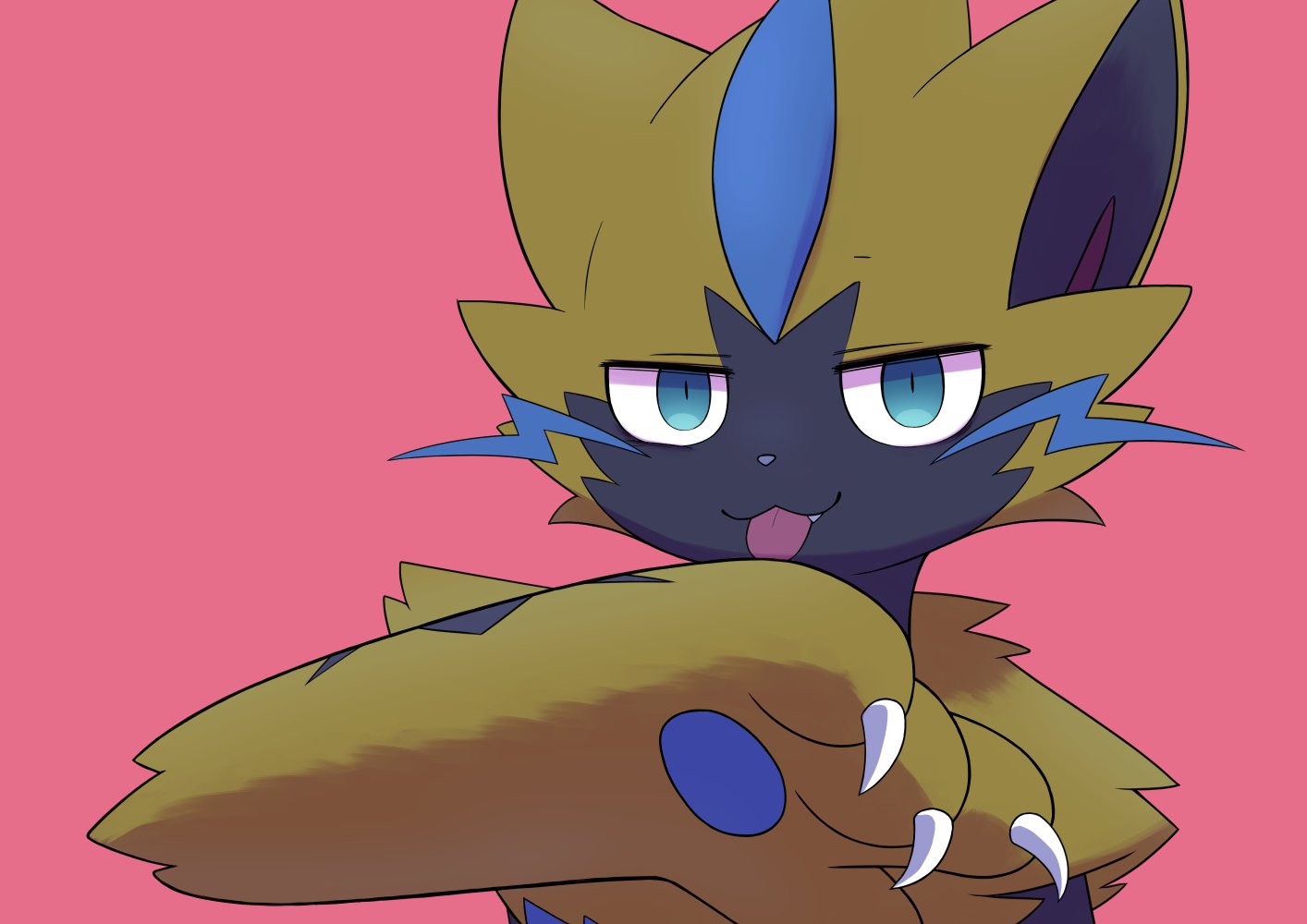 ambiguous_gender anthro blue_eyes blue_pawpads claws digital_media_(artwork) fur generation_7_pokemon legendary_pokemon licking looking_at_viewer mammal moduckten nintendo pawpads pokemon pokemon_(species) self_lick shaded shadow simple_background solo tongue tongue_out yellow_body yellow_fur zeraora