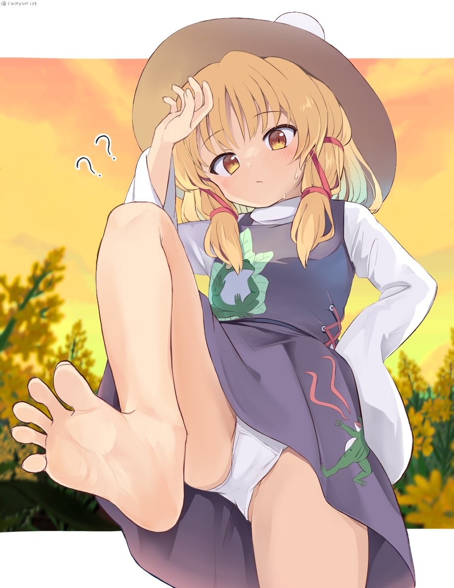 1girl ? ?? animal_print barefoot blonde_hair blush brown_headwear closed_mouth feet foot_focus foot_out_of_frame foreshortening frog_print hair_ribbon hat knee_up long_sleeves medium_hair moriya_suwako panties presenting_foot purple_skirt purple_vest ramudia_(lamyun) red_ribbon ribbon shirt skirt soles solo spread_toes toenails toes touhou tress_ribbon twitter_username underwear vest white_panties white_shirt wide_sleeves wiping_forehead yellow_eyes