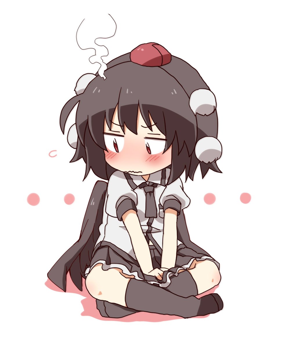 ... 1girl black_hair black_skirt black_socks black_wings blush chibi closed_mouth collared_shirt colored_shadow commentary_request dress_shirt feathered_wings flying_sweatdrops full_body hat kneehighs looking_away looking_to_the_side mini_hat no_shoes pleated_skirt puffy_short_sleeves puffy_sleeves red_eyes red_headwear shadow shameimaru_aya shirt short_sleeves simple_background sitting skirt socks solo steam tokin_hat totoharu_(kujirai_minato) touhou wavy_mouth white_background white_shirt wings