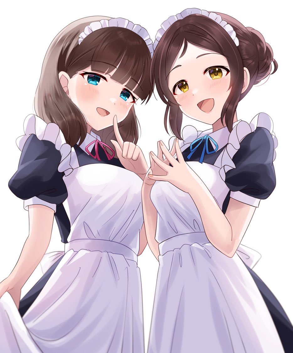 2girls apron ayase_honoka black_dress blue_eyes blue_ribbon blush breasts brown_hair commentary_request dress frilled_apron frills hair_bun hand_up hands_up idolmaster idolmaster_cinderella_girls index_finger_raised looking_at_viewer maid_apron maid_headdress medium_breasts medium_hair multiple_girls open_mouth own_hands_together parted_bangs pink_ribbon puffy_short_sleeves puffy_sleeves ribbon sakuma_mayu sakura_ran short_sleeves sidelocks skirt_hold smile white_apron white_background yellow_eyes