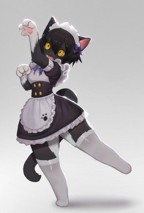 ambiguous_gender anthro clothing domestic_cat felid feline felis footprint high_thighs maid_uniform mammal pawprint pose solo tagme uniform unknown_artist yellow_eyes