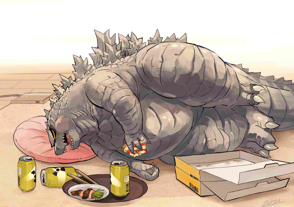 2023 4_fingers abstract_background anthro back_spikes belly beverage_can big_belly biped box brown_body brown_scales chopsticks claws container digitigrade eyes_closed finger_claws fingers food godzilla godzilla_(2014) godzilla_(series) kaiju lying male on_side open_mouth overweight overweight_anthro overweight_male pillow pizza plate reptile scales scalie semi-anthro sharp_teeth sleeping solo spiked_tail spikes spikes_(anatomy) teeth thick_thighs toe_claws toho zetou