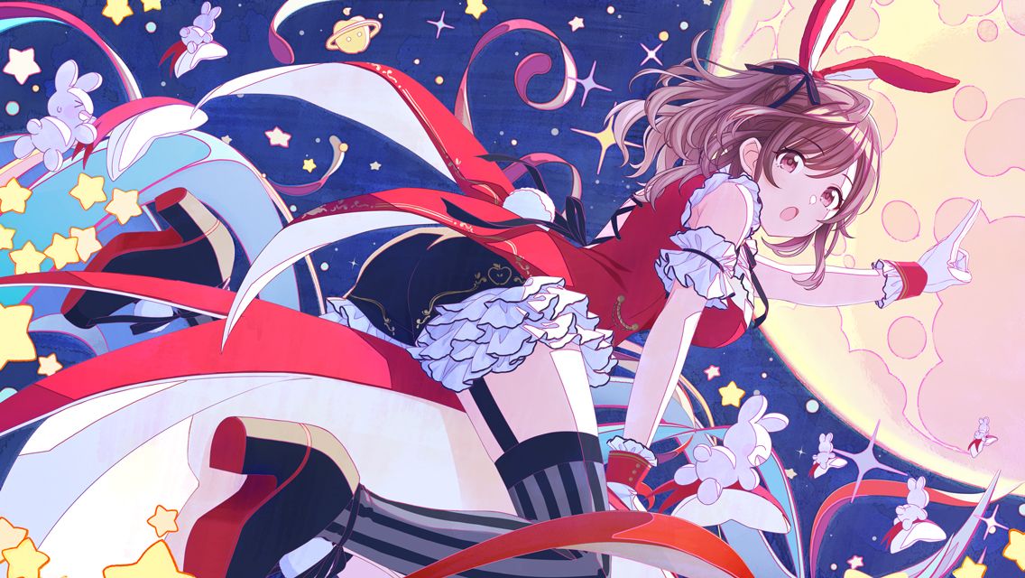 1girl :o animal_ears apple_rabbit arm_garter ass back_slit bare_shoulders brown_eyes brown_hair cel_shading coattails colored_shoe_soles cross-laced_slit flying food food_art frilled_gloves frilled_shorts frills from_behind full_moon game_cg garter_straps gloves idolmaster idolmaster_shiny_colors looking_at_viewer looking_back moon moon_rabbit moonlight night nontraditional_playboy_bunny official_art open_mouth outdoors oversized_food oversized_object planet platform_footwear platform_heels pointing pointing_forward ponytail rabbit rabbit_ears rabbit_tail red_shirt riding shirt short_shorts shorts sky sleeveless solo star_(sky) star_(symbol) starry_sky striped striped_thighhighs tail thighhighs tsukioka_kogane vertical-striped_thighhighs vertical_stripes white_gloves