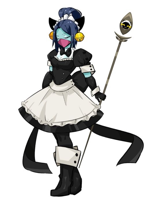 1girl alternate_costume bell black_bow black_bowtie black_footwear black_gloves black_pantyhose blue_hair blue_skin bow bowtie closed_eyes colored_skin elbow_gloves enmaided facing_viewer full_body gloves holding holding_staff jingle_bell maid maid_headdress mask mouth_mask pantyhose puffy_short_sleeves puffy_sleeves short_hair short_sleeves simple_background slay_the_spire staff standing the_watcher_(slay_the_spire) white_background whitose