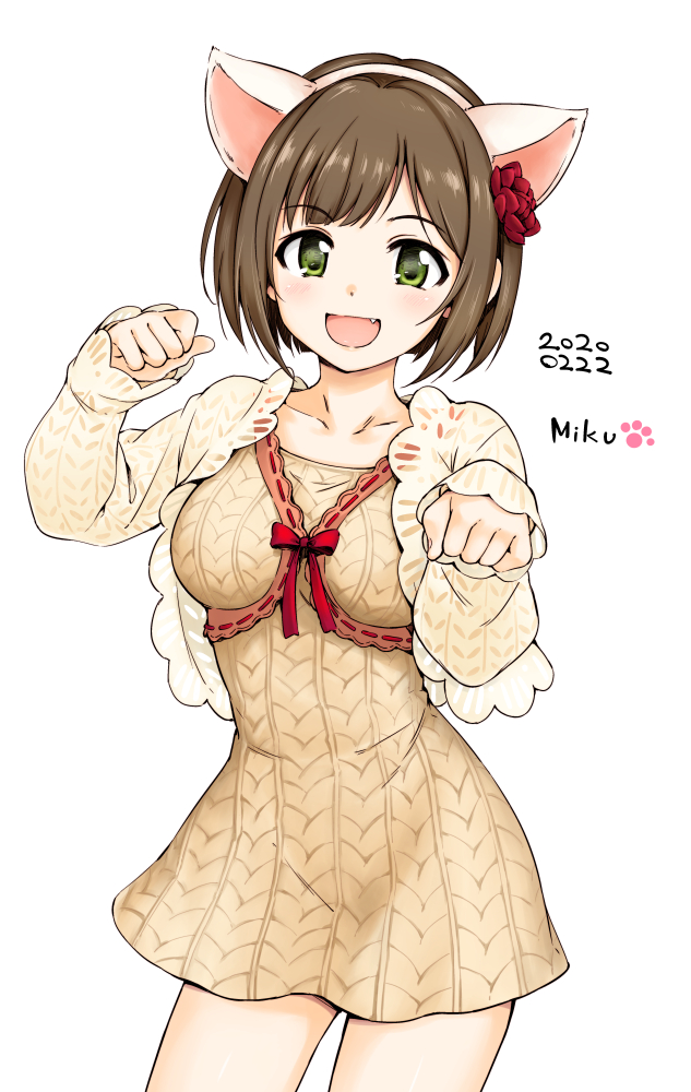 1girl animal_ears blush breasts brown_hair cat_ears cowboy_shot dress fake_animal_ears fang flower green_eyes hair_flower hair_ornament hamao happy idolmaster idolmaster_cinderella_girls long_sleeves looking_at_viewer maekawa_miku medium_breasts open_mouth paw_pose short_hair simple_background smile white_background