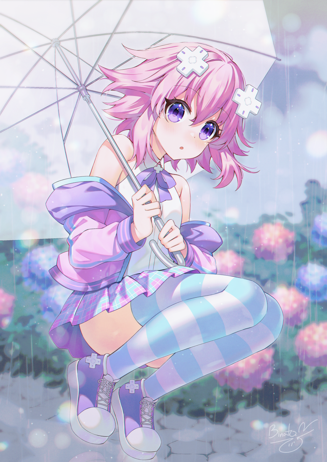 1girl :o bare_shoulders binato_lulu blue_skirt blue_thighhighs blush commentary d-pad d-pad_hair_ornament english_commentary flower full_body hair_between_eyes hair_ornament highres holding holding_umbrella hood hoodie looking_at_viewer miniskirt neck_ribbon neptune_(neptune_series) neptune_(series) open_clothes open_hoodie parted_lips pink_hair pink_hoodie pink_skirt plaid plaid_skirt purple_eyes purple_footwear purple_hoodie purple_ribbon rain ribbon shirt shoes short_hair skirt sleeveless sleeveless_shirt sneakers solo squatting striped striped_thighhighs thighhighs transparent transparent_umbrella two-tone_hoodie two-tone_skirt umbrella white_shirt white_thighhighs