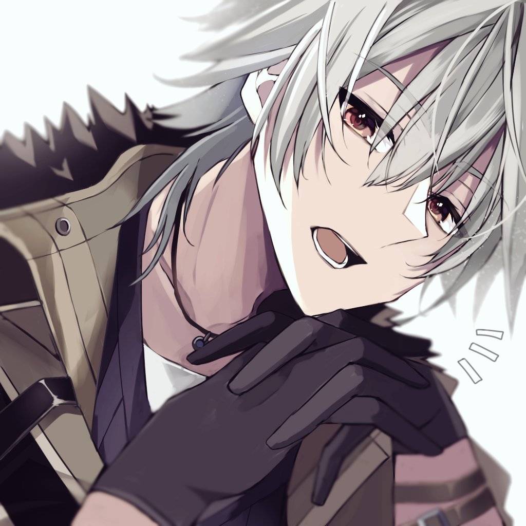 1boy black_gloves blurry blurry_background coat crow_armbrust double-parted_bangs eiyuu_densetsu fur_collar gloves hair_between_eyes head_tilt jewelry male_focus mullet natsusechoco necklace portrait red_eyes sen_no_kiseki sen_no_kiseki_iv simple_background solo white_background white_hair