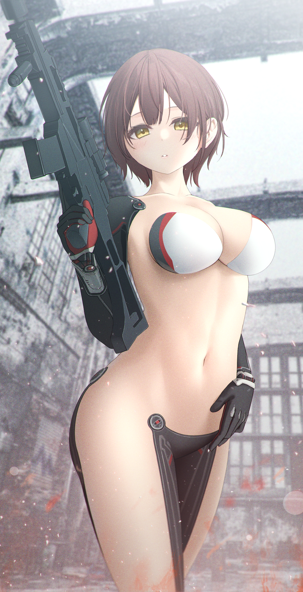 1girl black_gloves breasts brown_hair cleavage collarbone cowboy_shot gloves gun hand_on_own_stomach highres holding holding_gun holding_weapon hololive mechanical_arms medium_breasts midriff navel nmokhahi pelvic_curtain rifle roboco-san short_hair sniper_rifle solo thighs trigger_discipline virtual_youtuber weapon yellow_eyes