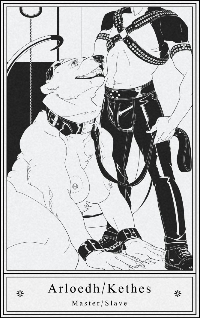 anthro bear big_breasts breasts cave_bear chain chaps clothing collar compsognathid compsognathus cuff_(restraint) dinosaur dominant dominant_anthro dominant_male female harness head_pets leash leashed_collar leather leather_clothing leather_cuffs leather_harness male mammal master petting reptile restraints scalie shackles slave submissive submissive_anthro submissive_female theropod ursine