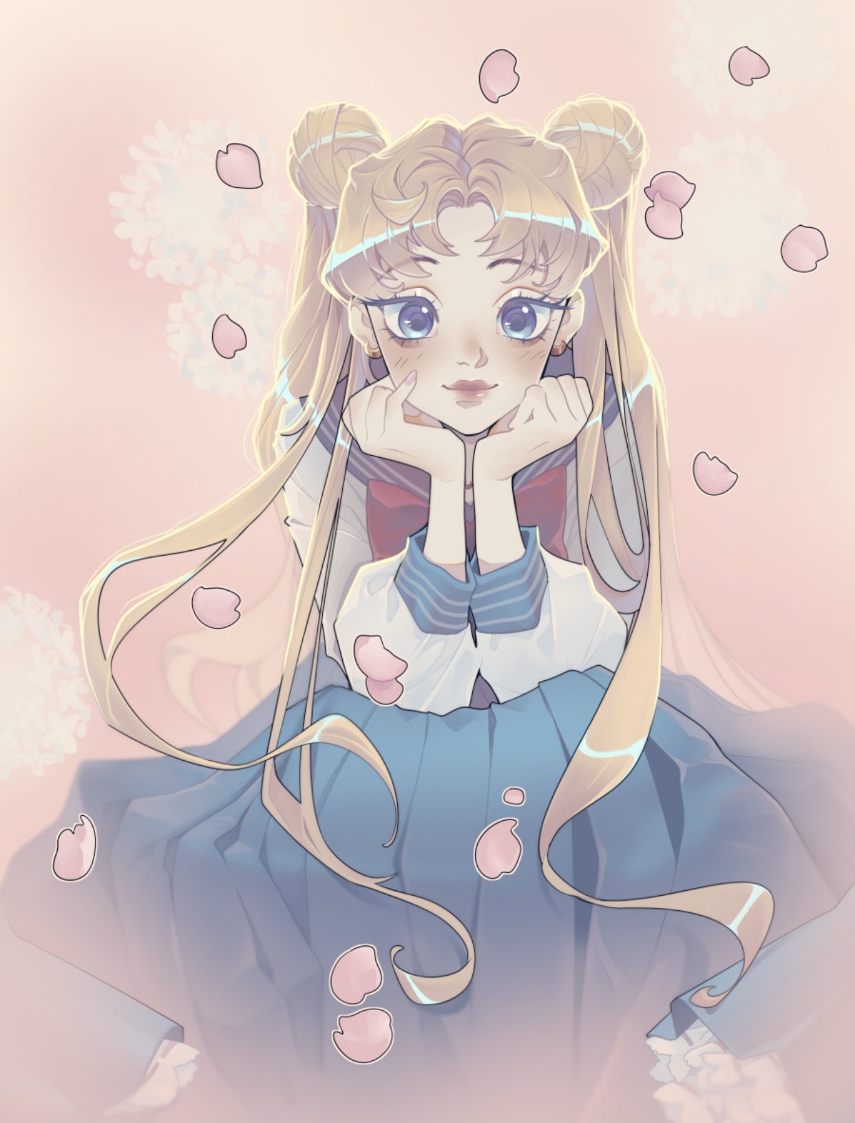 1girl bishoujo_senshi_sailor_moon blonde_hair blue_eyes blue_sailor_collar blue_serafuku blue_skirt bow bowtie cherry_blossoms colette_(lettiebobettie) crescent crescent_earrings double_bun earrings falling_petals feet_out_of_frame hair_bun highres jewelry light_blush long_hair long_skirt long_sleeves looking_at_viewer parted_bangs petals pink_background pleated_skirt red_bow red_bowtie sailor_collar school_uniform serafuku shirt sitting skirt smile solo tsukino_usagi twintails white_shirt