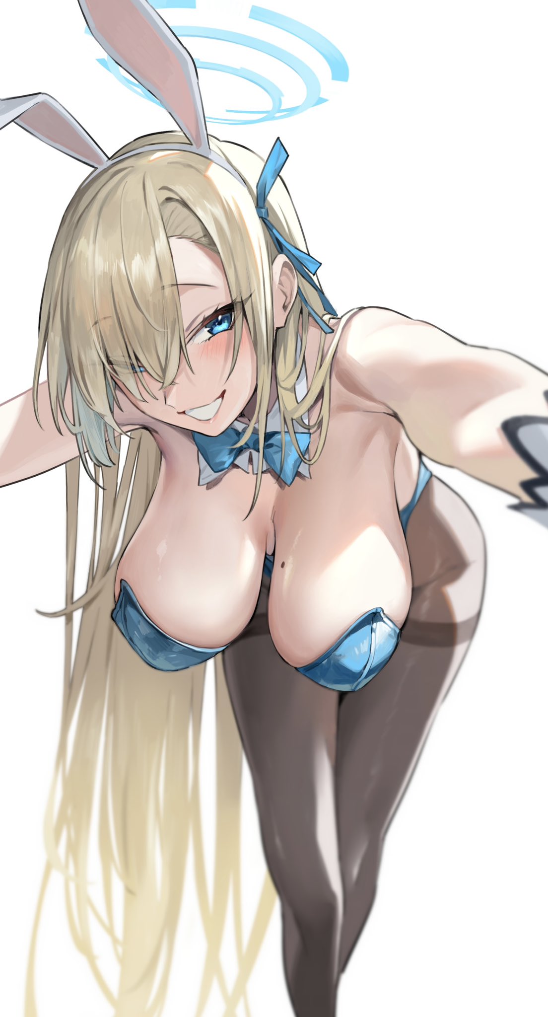 1girl animal_ears asuna_(blue_archive) asuna_(bunny)_(blue_archive) black_pantyhose blonde_hair blue_archive blue_eyes bow bowtie breasts detached_collar grin hair_over_one_eye halo hanging_breasts highleg highleg_leotard highres large_breasts leotard long_hair mole mole_on_breast nonco pantyhose playboy_bunny rabbit_ears simple_background smile white_background