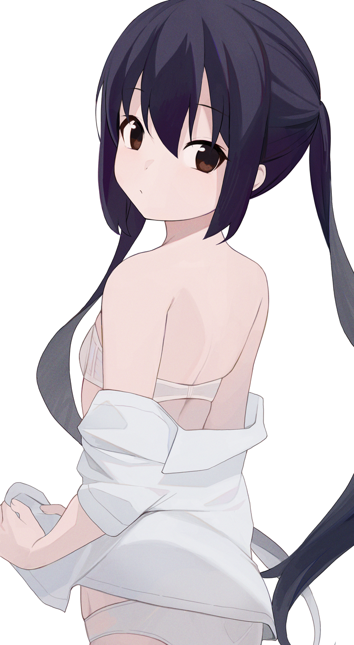 1girl bad_proportions bare_shoulders black_hair bra breasts brown_eyes closed_mouth clothes_pull commentary_request from_behind highres hiroki_(yyqw7151) k-on! long_hair looking_at_viewer looking_back nakano_azusa panties shirt shirt_pull simple_background small_breasts solo twintails underwear white_background white_bra white_panties white_shirt