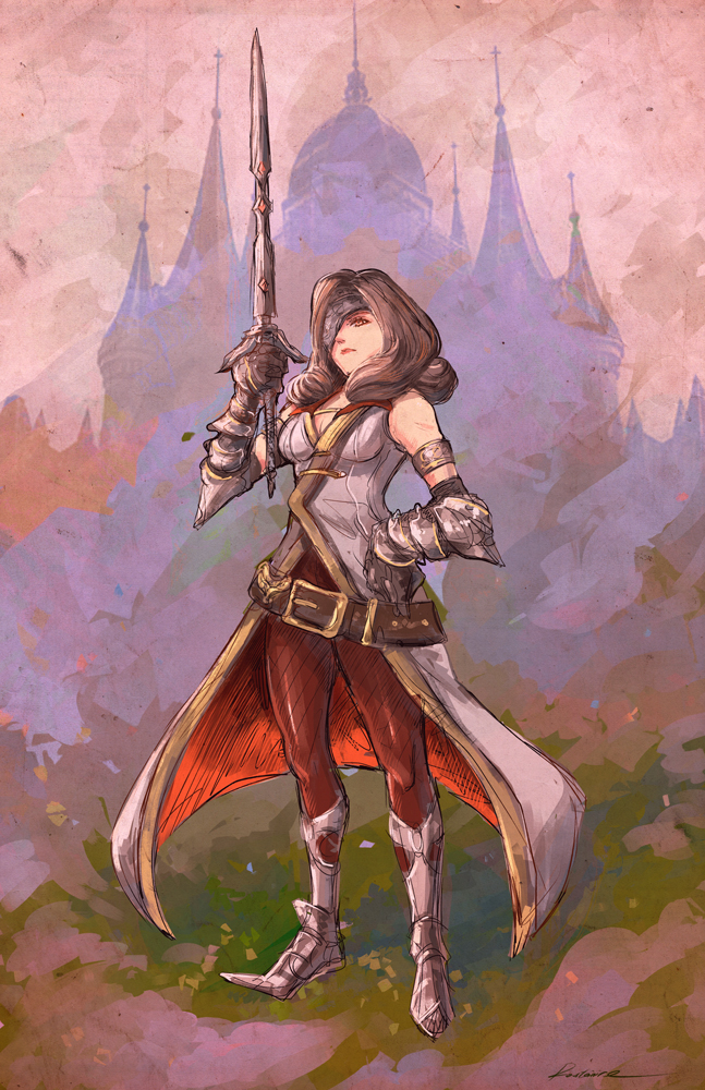 1girl armor armored_boots asymmetrical_hair bare_shoulders beatrix_(ff9) belt boots breasts brown_hair brown_pantyhose closed_mouth dress eyepatch final_fantasy final_fantasy_ix full_body gauntlets holding holding_weapon loose_belt pantyhose rousteinire sleeveless sleeveless_dress solo standing sword weapon