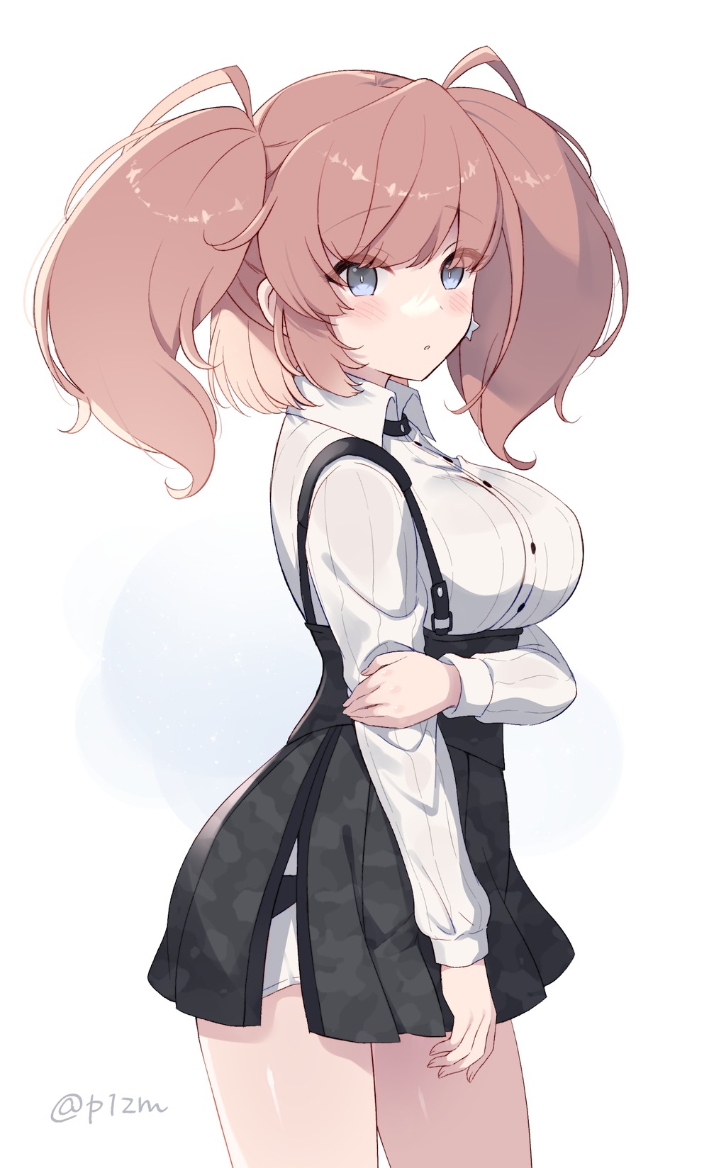 1girl atlanta_(kancolle) black_skirt blush breasts brown_hair collared_shirt commentary cowboy_shot earrings grey_eyes high-waist_skirt highres jewelry kantai_collection komi_zumiko large_breasts long_hair long_sleeves parted_lips pleated_skirt shirt simple_background single_earring skirt solo star_(symbol) star_earrings suspender_skirt suspenders twitter_username two_side_up white_background white_shirt