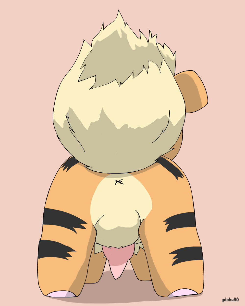 2019 4:5 animal_genitalia animal_penis anus backsack balls canid canine canine_genitalia canine_penis feral fur generation_1_pokemon genitals growlithe hi_res male mammal nintendo orange_body orange_fur penis pichu90 pink_background pokemon pokemon_(species) rear_view signature simple_background solo striped_body striped_fur stripes tan_body tan_fur