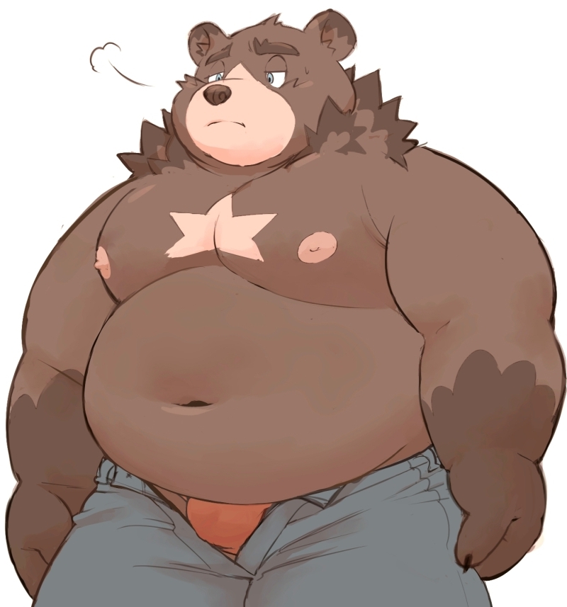 2023 anthro bear belly big_belly bottomwear brown_nose bulge clothing humanoid_hands kemono male mammal meg_hoi moobs navel nipples overweight overweight_male pants simple_background solo underwear