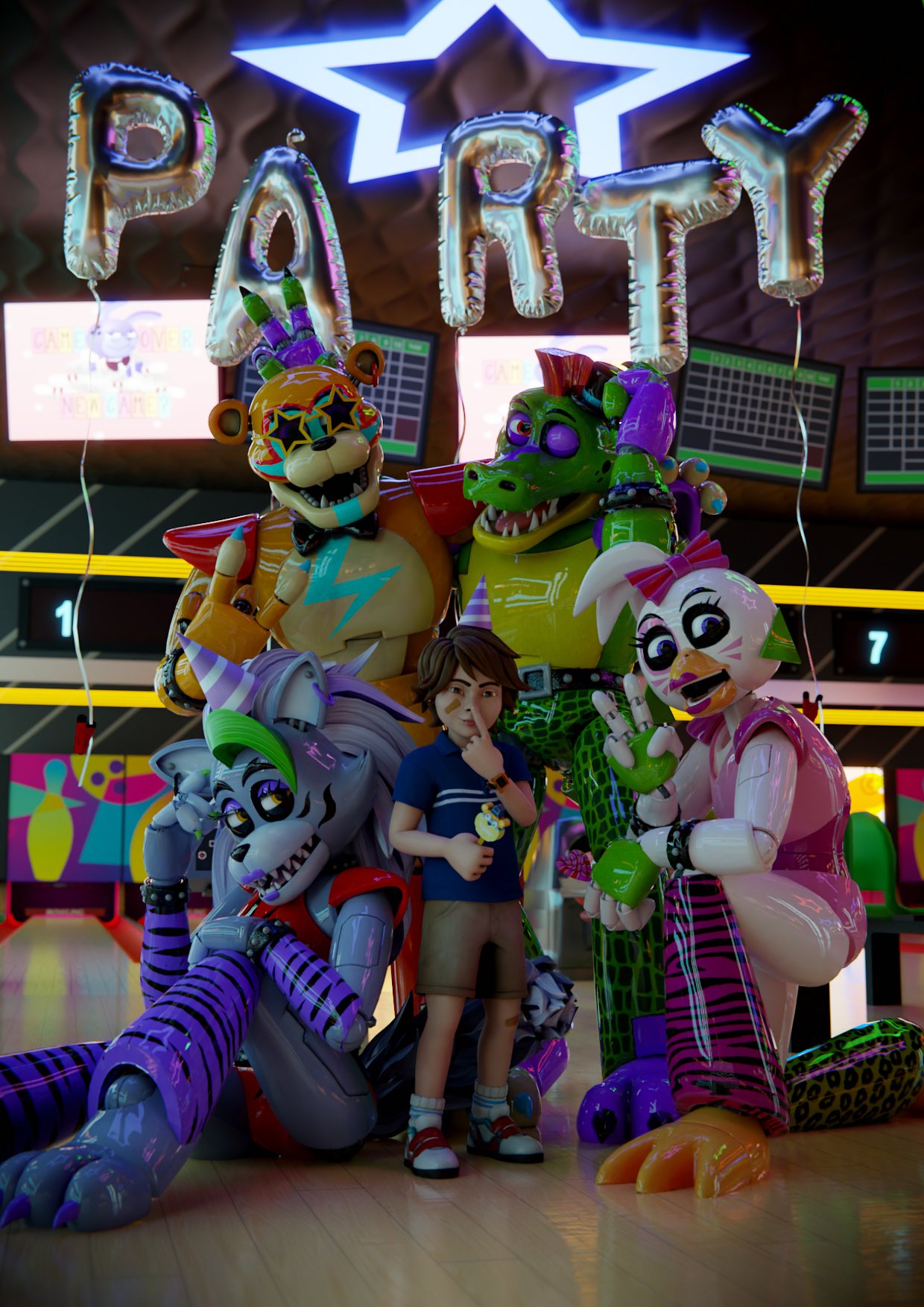 animatronic anthro balloon beak boots bottomwear clock clothing female five_nights_at_freddy's five_nights_at_freddy's:_security_breach food footwear freddy_(fnaf) glamrock_chica_(fnaf) gregory_(fnaf) group hand_on_shoulder hi_res holding_food holding_object human inflatable looking_at_viewer machine male mammal montgomery_gator_(fnaf) one_eye_closed open_beak open_mouth robot robotaffinity roxanne_wolf_(fnaf) scottgames shirt shorts socks steel_wool_studios t-shirt topwear wink